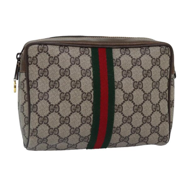 GUCCI GG Supreme Web Sherry Line Clutch Bag Beige Gold - Picture 1 of 14